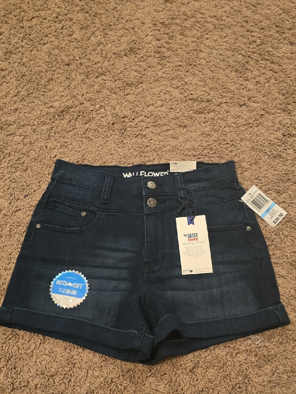 Wallflower Navy High-Rise Cuffed Denim Shorts